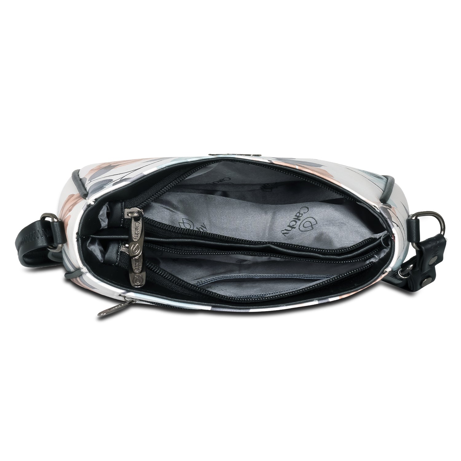 Green floral sling bag with secure closure, perfect for daily essentials.