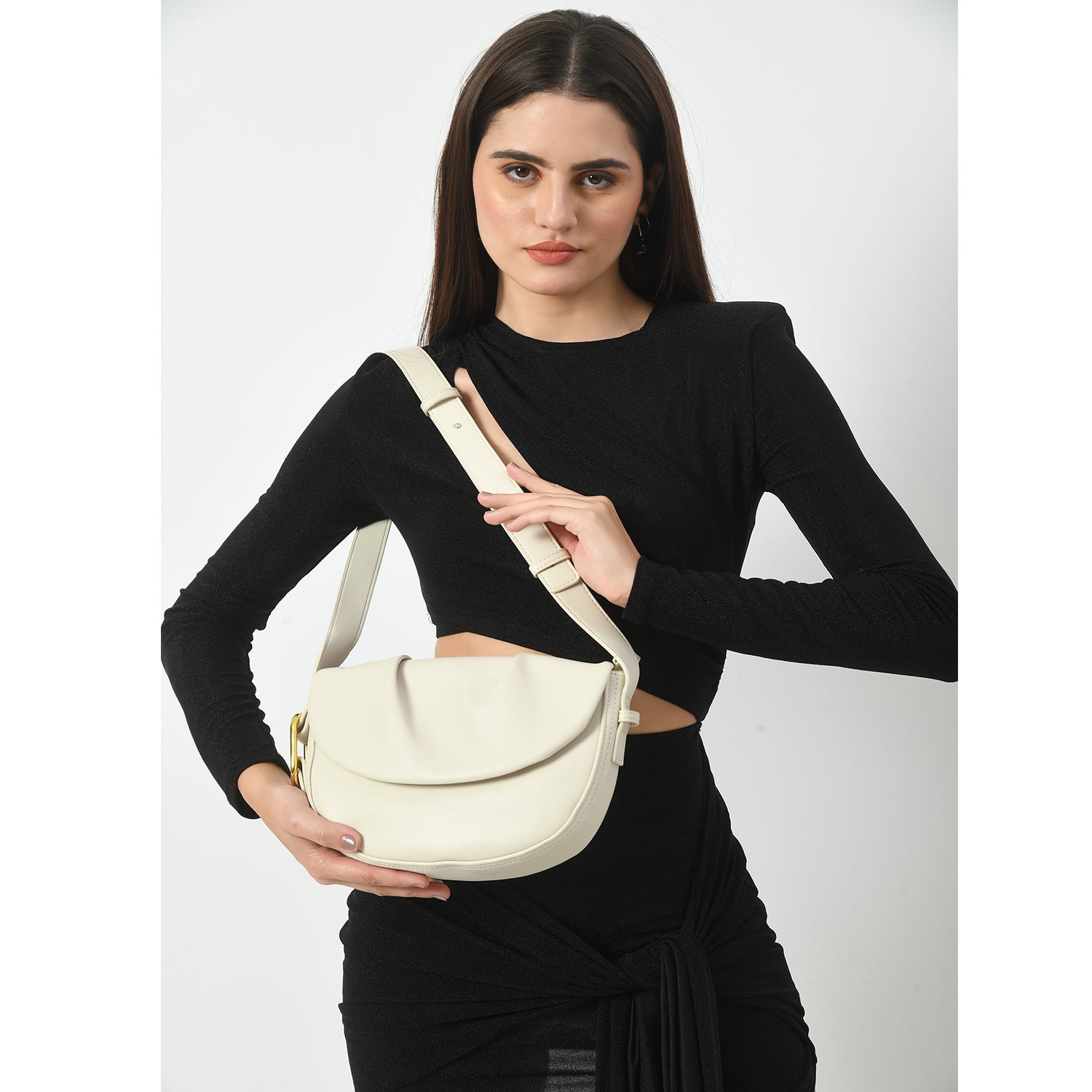 Elegant sling bag in beige, the Frill Design Sling Bag for modern women.