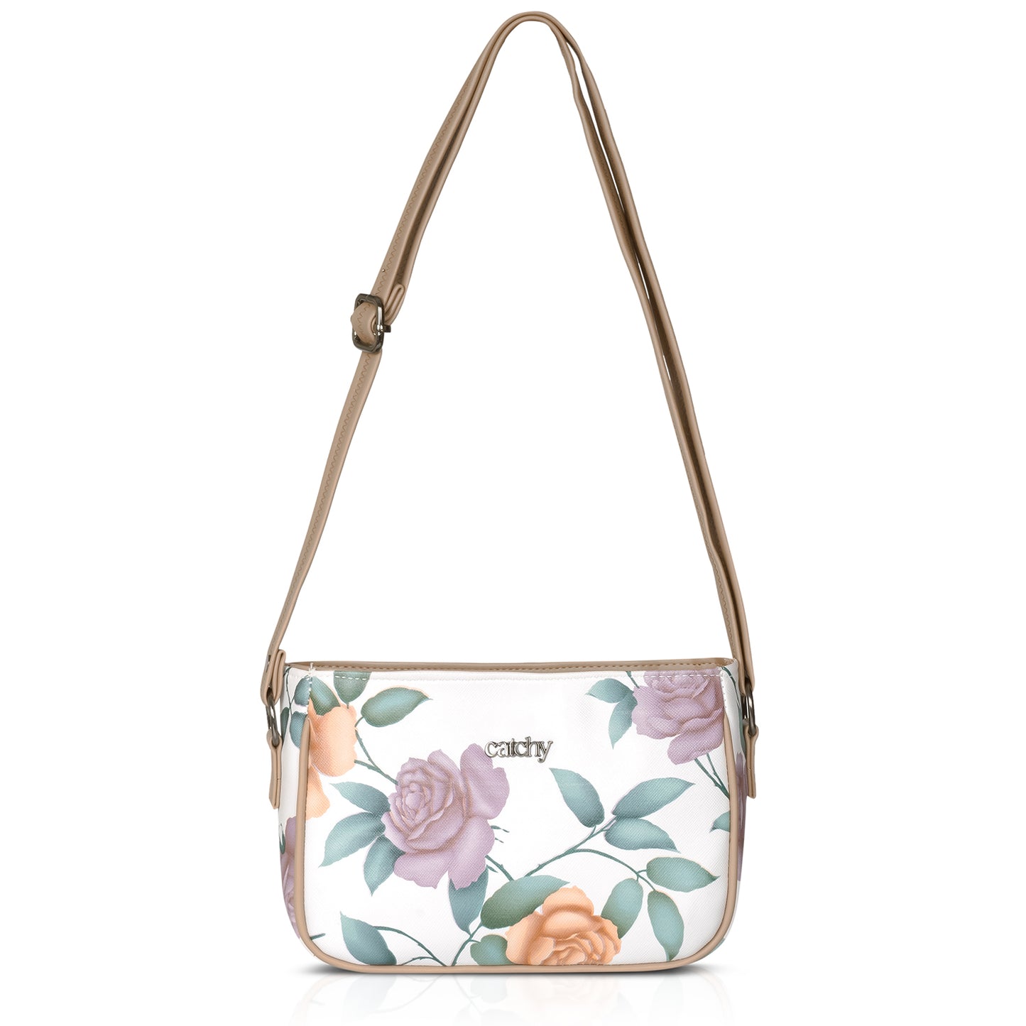 Green floral sling bag with detachable strap for customizable carrying.