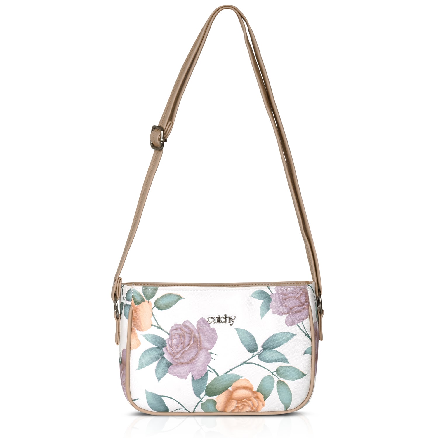Green floral sling bag with detachable strap for customizable carrying.