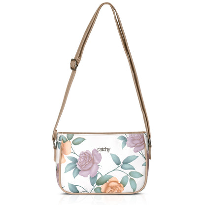 Green floral sling bag with detachable strap for customizable carrying.