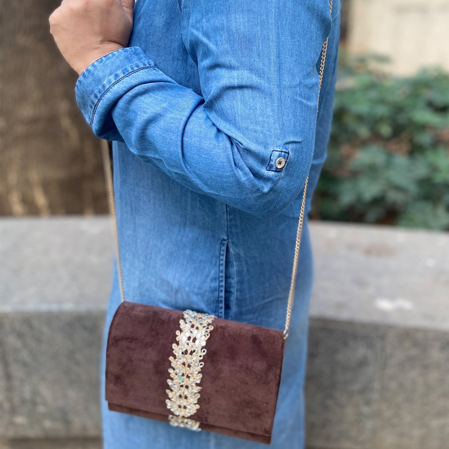 Angeline's Brown Velvet Designer Sling Bag