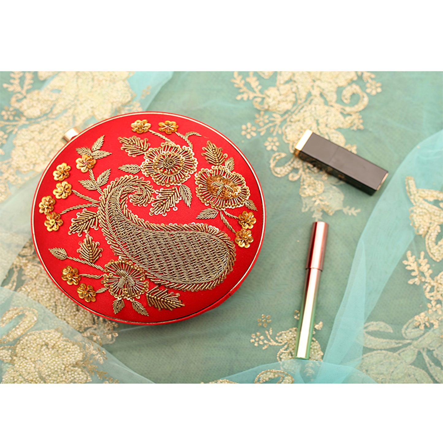 Angeline's Red Clutch Bag with Golden Hand Embroidery Work