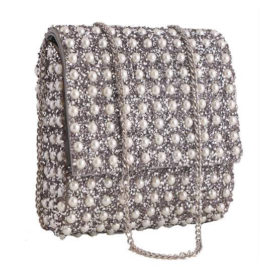 Pearl Studded Grey Crossbody Designer Sling Bag