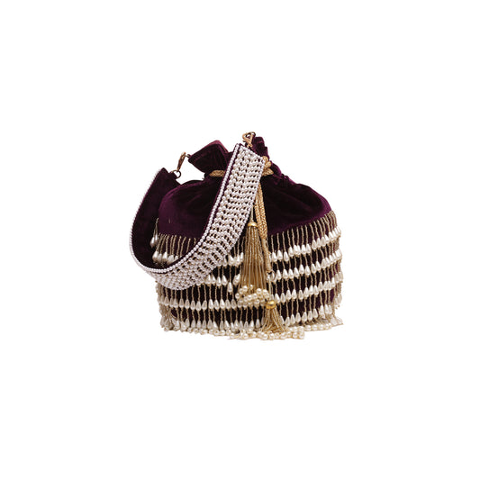 Angeline's Purple Velvet Potli with white Beads